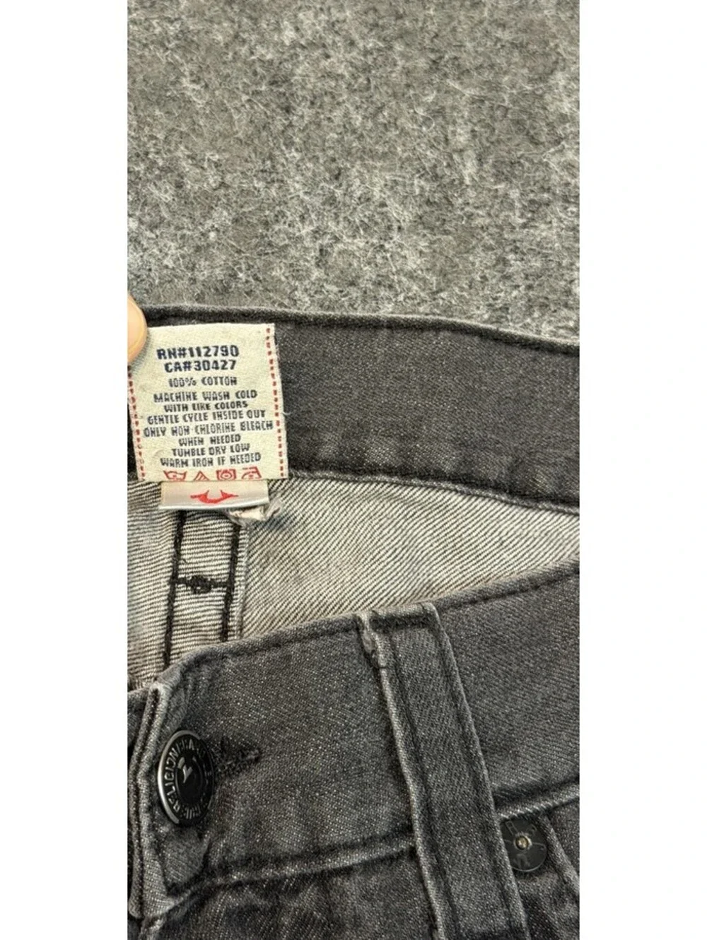 True Religion Billy Straight Leg Jeans Mens 32x28 Gray Black Made In USA Flap